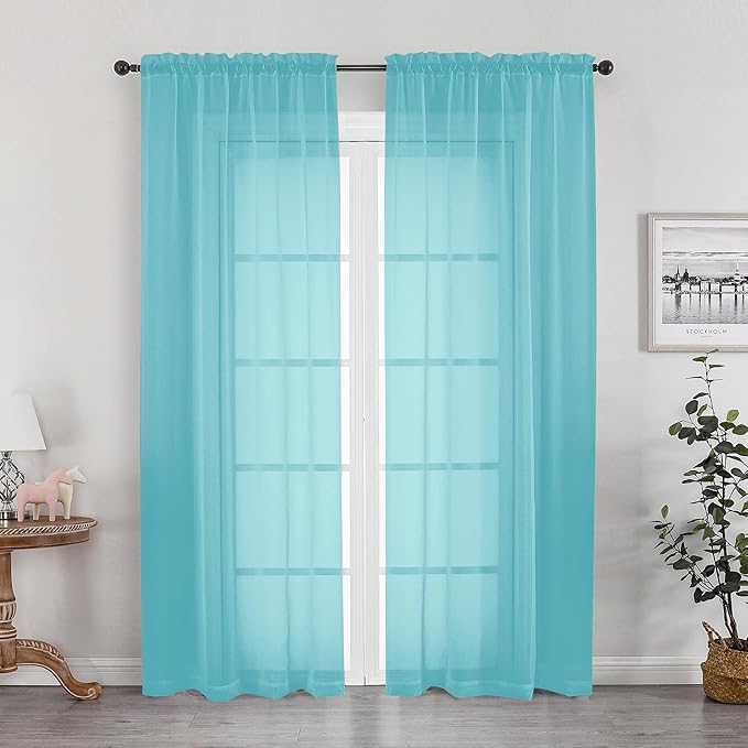 Aqua Sheer Curtains for Bedroom Living Room 72 Inches Long 2 Panels Set by OWENIE