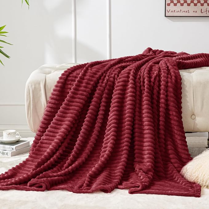 BEDELITE Ribbed Jacquard Burgundy Fleece Twin Blanket - Image 7