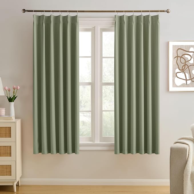 Sage Green Pinche Pleat Curtains 45 Inches Long Thermal Insulated Dark Black by KEQIAOSUOCAI