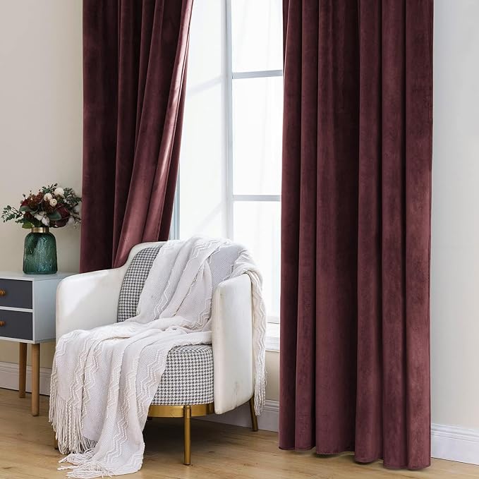 MIULEE Velvet Curtains 52x108 inches 2 Panels Ruby Wine Blackout Curtains | - Image 7