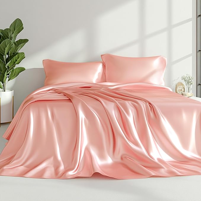 Love's cabin California King Satin Sheet Sets - 4 Piece Coral Silky Sheets Bed Set with Deep Pocket, Luxury Silk Feel Satin Cal King Sheet Set (1 Flat Sheet,1 Fitted Sheet,2 Pillow Cases)