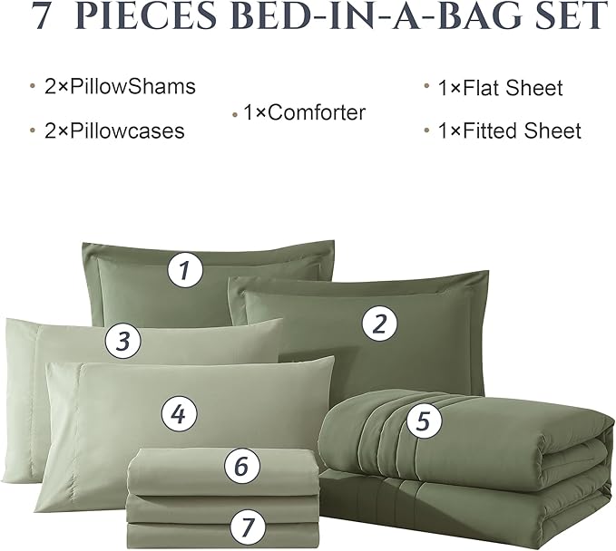 Monbix Full Comforter Set - 7 Pieces Light Sage Green Bed in a Bag Full Size Bedding Sets with Comforters, All Seasons Down Alternative Comforter with Sheets,Pillowcases & Shams