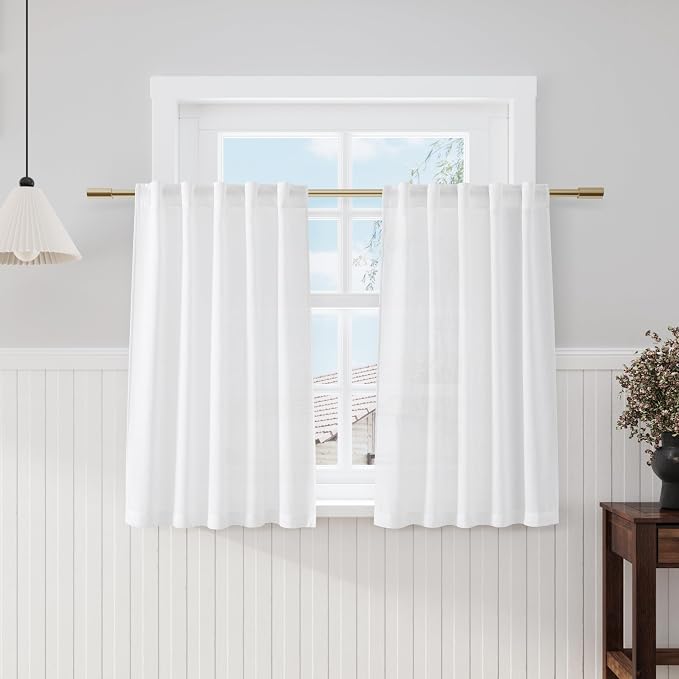 White Short Linen Curtains 40 Inch Length 2 Panels Back Tab Rod Pocket Semi by Nanspring