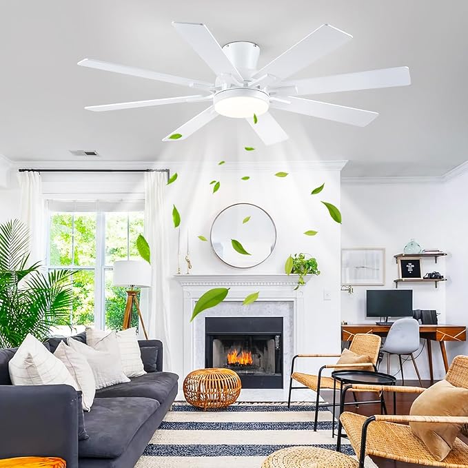 Ceiling Fans with Lights- 52" Low Profile Indoor Ceiling Fan with Light and Remote/APP Control, 8 Blade,Flush Mount, LED Dimmable DC Reversible Modern Ceiling Fan for Bedroom（White）