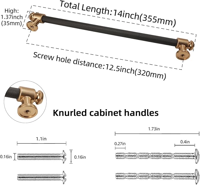 10 Pack 12-3/5 inch(320mm) Matte Black and Champagne Bronze Kitchen Cabinet Knurled Handles Cabinet Pulls Black Drawer Pulls Kitchen Cabinet Hardware Handles