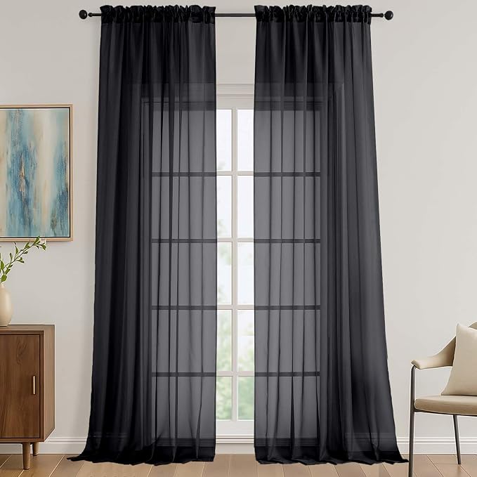 Black Sheer Curtains 120 Inches Long 2 Panels Set, 59 Inch Extra Wide Soft Airy by OVZME