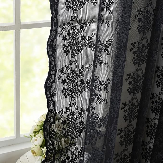 YJ YANJUN Vintage Lace Curtains 108 Inches Long- Victorian Floral Pattern Black - Image 5