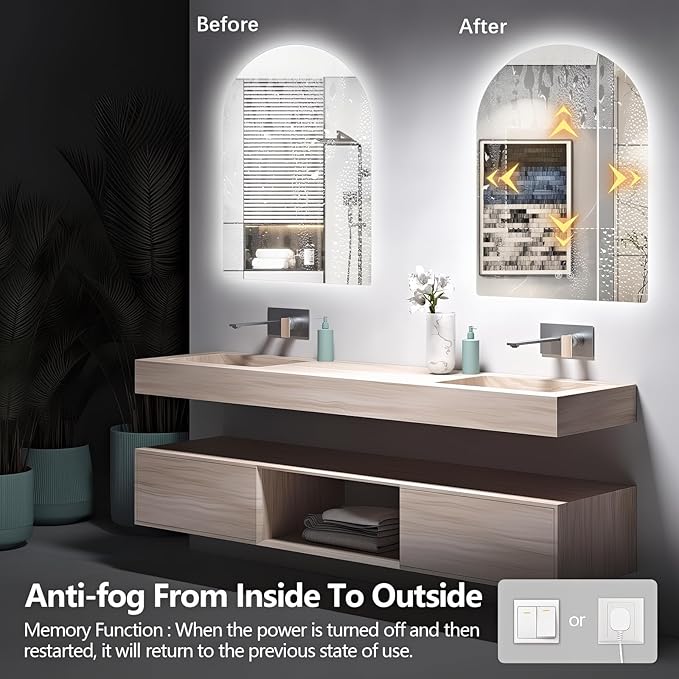 Niccy Arched LED Bathroom Mirror, 40x24 Inch Arch Frameless Backlit Mirrors for Wall Arched Lighted Vanity Mirrors Defogger and 3 Color, Explosion-Proof, HD Glass and IP65 Waterproof