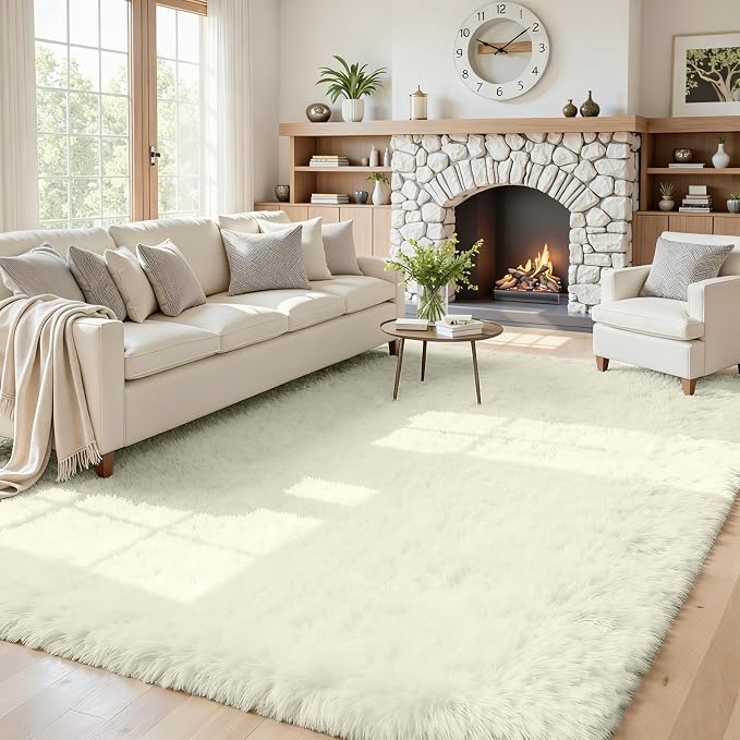 5x8 Fluffy Shag Area Rugs for Living Room Bedroom: Soft Carpet Cream White | by CarpetAddColortoYourLife