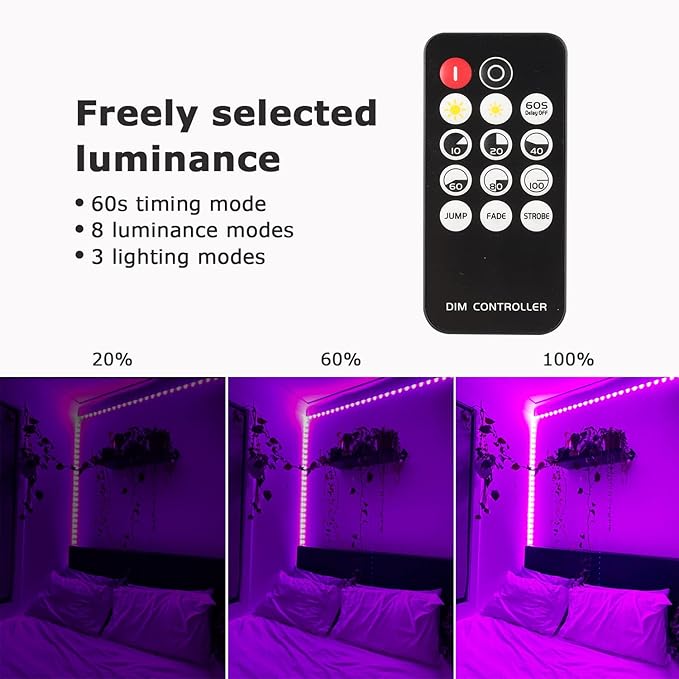 Upgraded 33ft/10M LED Black Light Strip Set with Remote, 600 LEDs, 12V Self-Adhesive Dimmable Black Light Fixture, for Dance Parties, SMD2835 LED Lamp Beads, Non-Waterproof