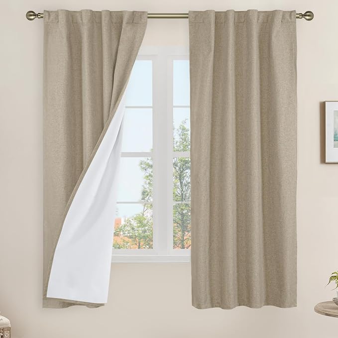 Taupe 100% Blackout Linen Curtains 63 Inches by LAMIT