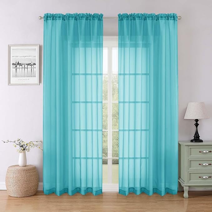 Turquoise Sheer Curtains for Living Room Decor 84 Inches Long 2 Pcs, Light by Lecloud