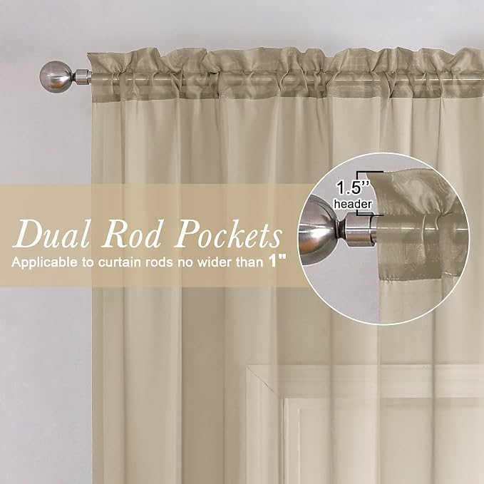 Taupe Sheer Curtains 120 Inches Long 2 Panels Set, Rod Pockets Light Filtering - Image 6