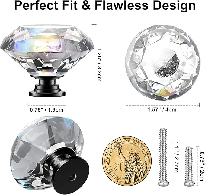 POZEAN Crystal Cabinet Knobs 12Pack, 1.57inch Dresser Knobs for Cabinet, Drawer with Two Different Sizes Screws, Diamond Glass Pulls Handles (40mm, 12Pack, Clear-Black)