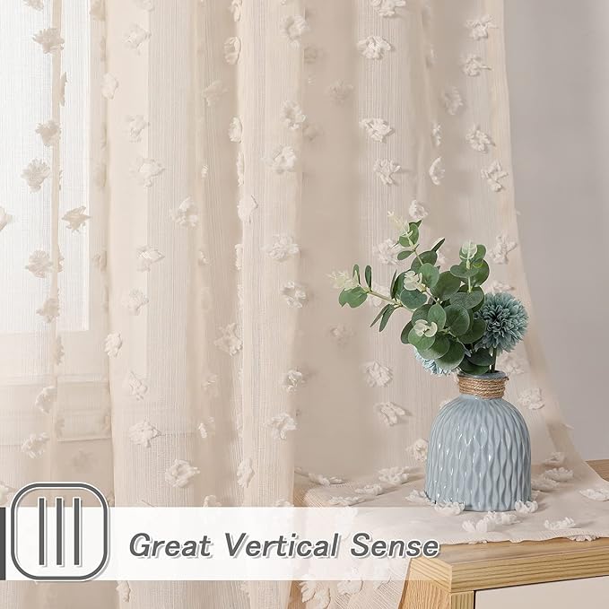 MYSKY HOME Pom Pom Beige Sheer Curtains for Bedroom Girls Room Curtains 108 Inches Long for Nursery Kids Light Filtering Boho Window Drapes, Rod Pocket, 52" Wide, 2 Panels