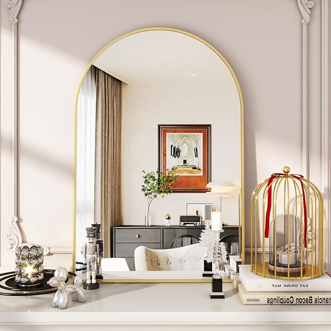 VooBang Arched Wall Mirror, 24 x 36 inch Arch Bathroom Mirror, Wall Mounted Vanity Mirror with Arch Metal Frame, Modern Bathroom Vanity Mirror for Bedroom, Living Room, Hanging or Leaning, Gold