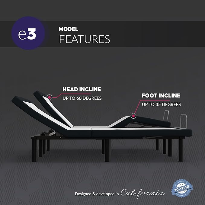 Blissful Nights King e3 Adjustable Bed Base Frame with Head and Foot Incline, Wireless Remote Control, Easy Assembly, and 10 Year Warranty