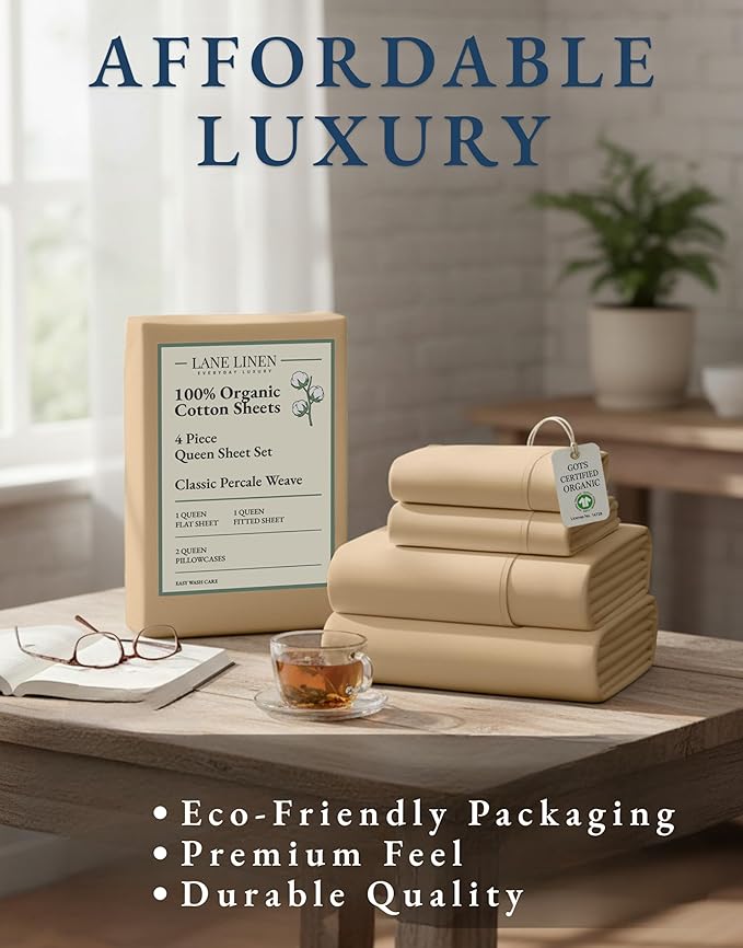 LANE LINEN 100% Organic Cotton Queen Size Sheets Set, Eco Friedly Mercerized Fully Elasticized Queen Sheets, Naturally Temperature Regulating Cooling Cotton Sheets- Linen