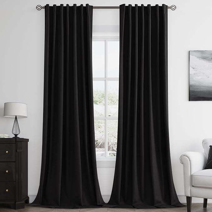 Black 100% Blackout Linen Curtains 102 Inch Length 2 Panels Set by Guken