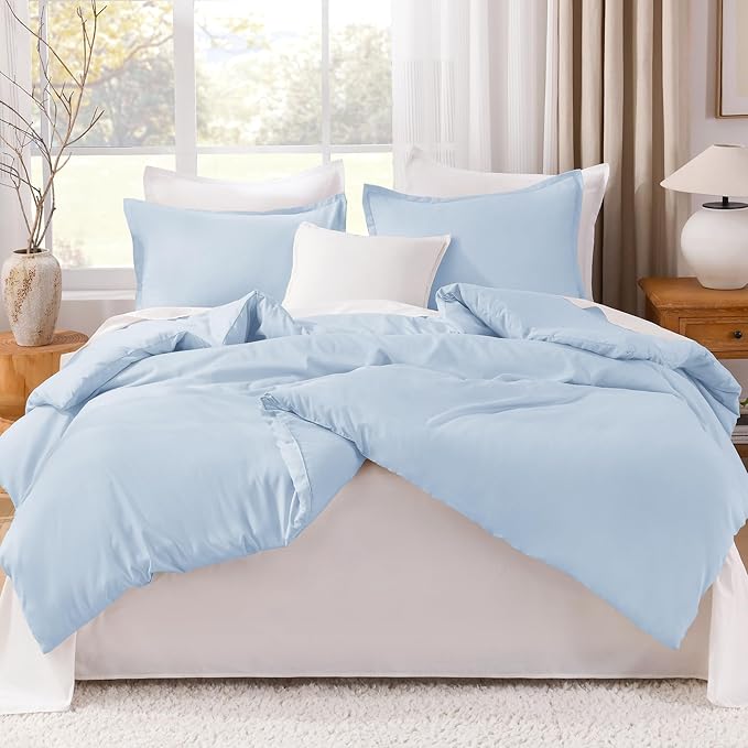 Litanika Comforters Light Blue Queen Size, 3 Pieces Lightweight Solid Bedding Comforter Set, All Season Fluffy Bed Set (90x90In Comforter & 2 Pillowcases)