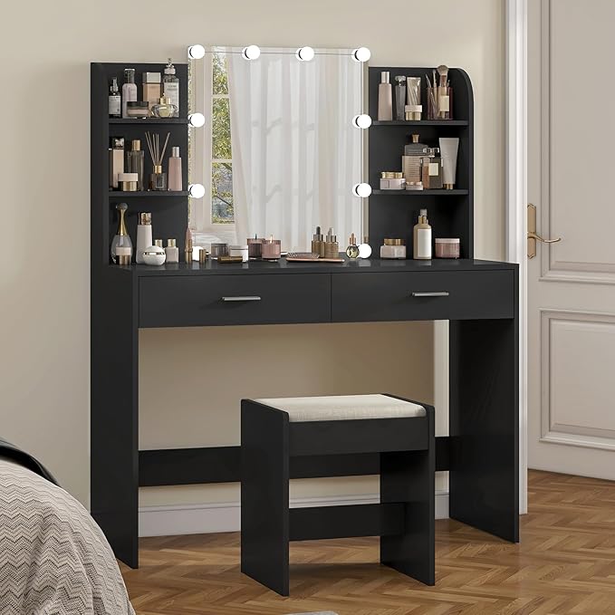 usikey Vanity Desk with Mirror and Lights, Vanity Makeup Table Set with 2 Drawers & 6 Open Shelves, Makeup Vanity Desk Dressing Table with Cushioned Stool, Black