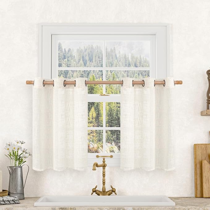 Short Sheer Linen Curtains 30 inches Long, Bronze Grommet Linen Drapes Light by LAMIT