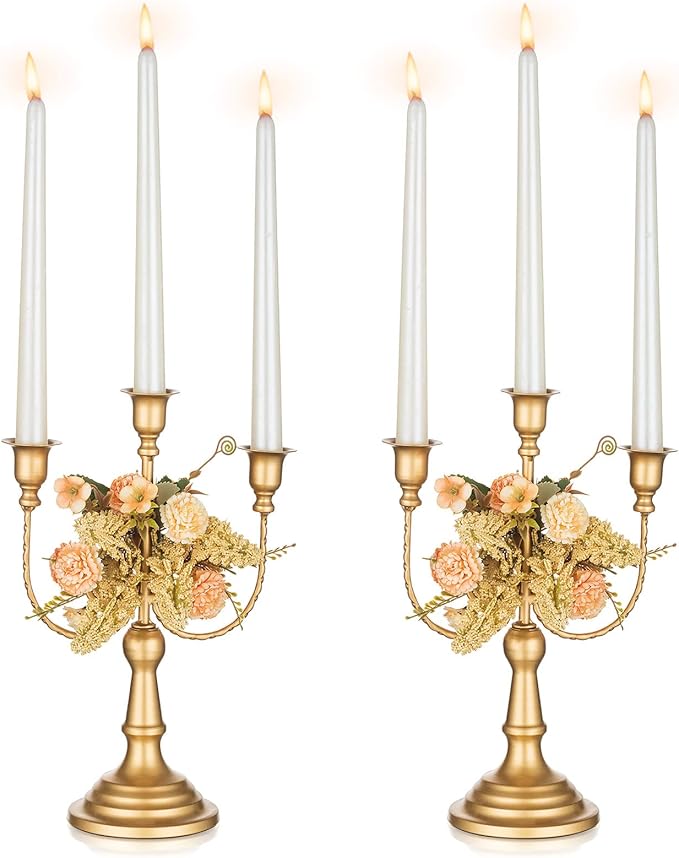 NUPTIO Candlestick Holders Candelabras Gold Candle Stick Stands 2 Pcs Metal Candelabra Centerpieces Candlestick Holders for Tapered Candles Wedding Birthday Party Dining Table Christmas Decoration 11"