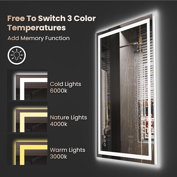 48"X36" LED Bathroom Mirror with Front Lights and Backlit, Anti-Fog, Dimmable, Shatter-Proof Tempered Glass, Lighted Bathroom Vanity Mirror for Wall with 3 Colors, Memory Function
