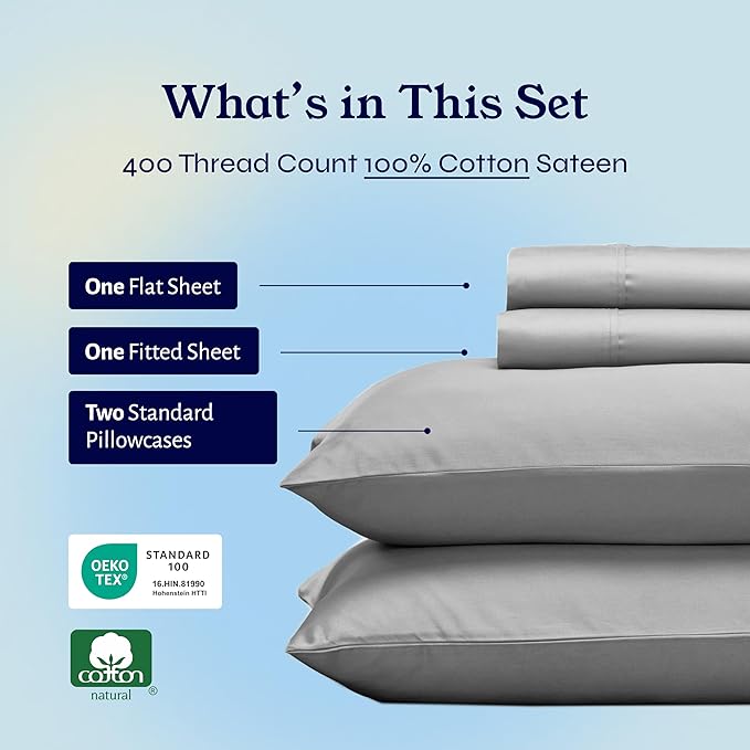 California Design Den Natural 100% Cotton Sheets, Full Size Sheets Set, 400 Thread Count Sateen Bedding, Deep Pockets with All-Around Elastic for a Snug Fit, Cool & Durable Bed Set - Light Grey