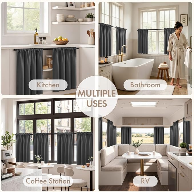 MIULEE Set of 4 Grey 45 Inch Short Blackout Kitchen Window Curtains | Bedroom - Image 6