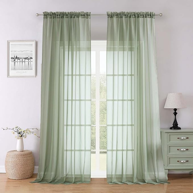 Sage Green Sheer Curtains 96 Inches Long 2 Panels, Solid Airy Voile Dual Rod by Lecloud
