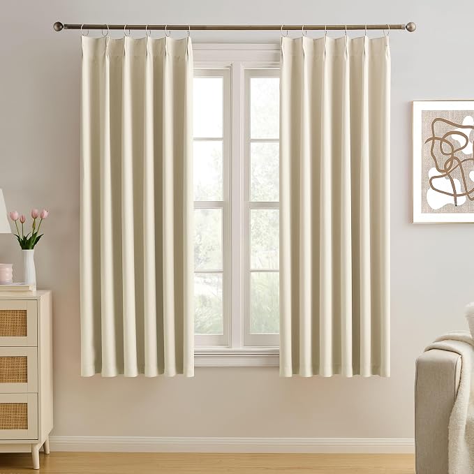 Cream Beige Curtains 63 Inches Long, Summer Heat Thermal Insulated Pinch Pleat by KEQIAOSUOCAI