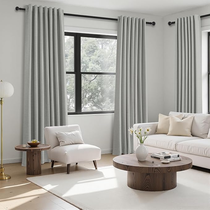Grey Linen Blackout Curtains 95 Inch Long 2 Panels Back Tab Thermal Insulated - Image 7