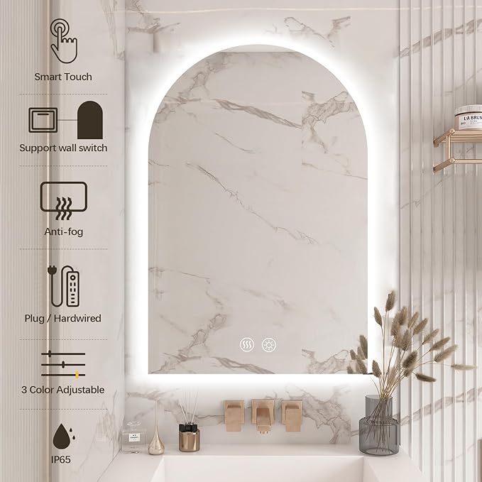 Niccy Arched LED Bathroom Mirror, 32x20 Inch Arch Frameless Backlit Mirrors for Wall Arched Lighted Vanity Mirrors Defogger and 3 Color, Explosion-Proof, HD Glass and IP65 Waterproof