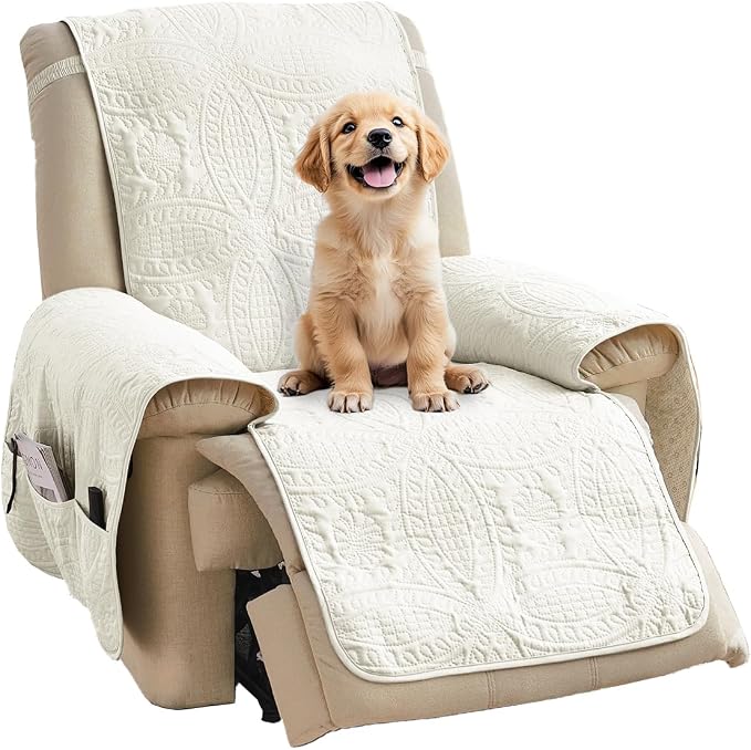Quilted Recliner Chair Covers, Water-Repellent Slipcovers, Off White Recliner by Pamhaven