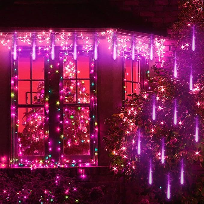 Kwaiffeo Purple Christmas Lights Outdoor, 16 Tubes Meteor Shower Light (Equivalent to 2 Sets of 8-Tube) for Halloween Christmas Decorations Yard Outside, UL Plug