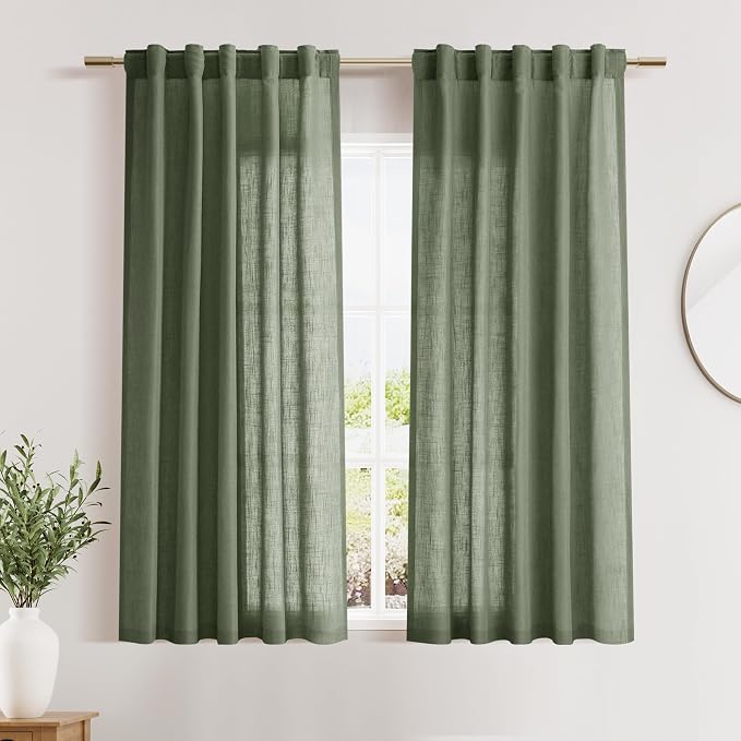 Olive Green Linen Sheer Back Tab Curtains 45 Inch Length Semi Sheer Light by Nanspring