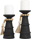 Deco 79 Wood Handmade Decorative Candle Holder Textured Matte Candle Stand with Beaded Garland Accent, Set of 2 Candlestick Holder 10", 8" H, Black