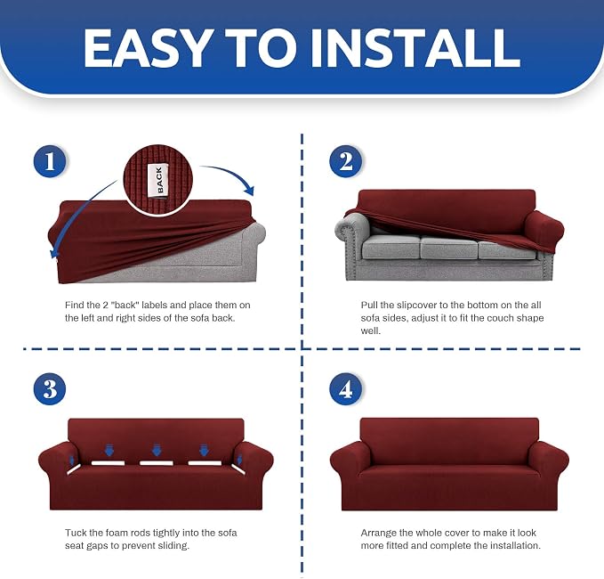 Stretch Couch Covers for Sofa, 3 Cushion Couch Slipcover, Dark Red | 1-Piece - Image 7