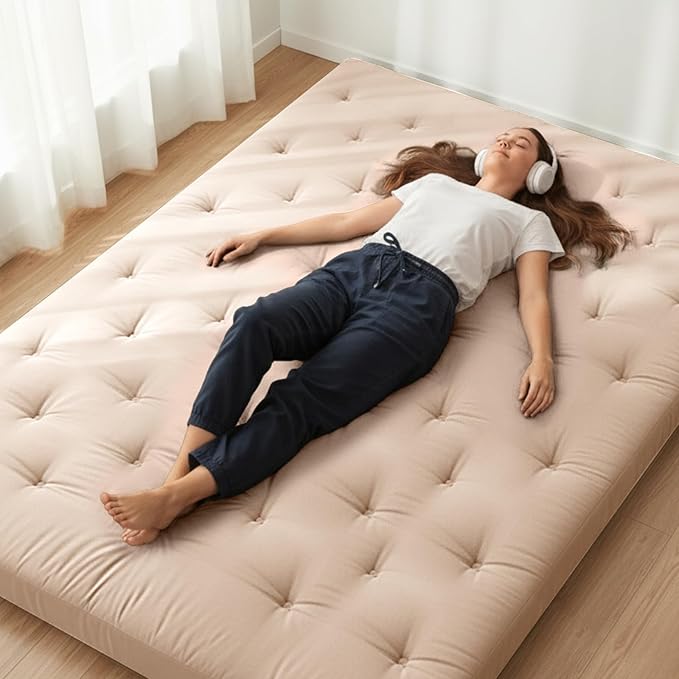 ZonLi Japanese Floor Futon Mattress Full Size 75"x 54", 100% Cotton Cover 2.5'' Thicken Tatami Mattress, Foldable Sleeping Pad, Portable Dormitory Tatami Mat(Khaki)