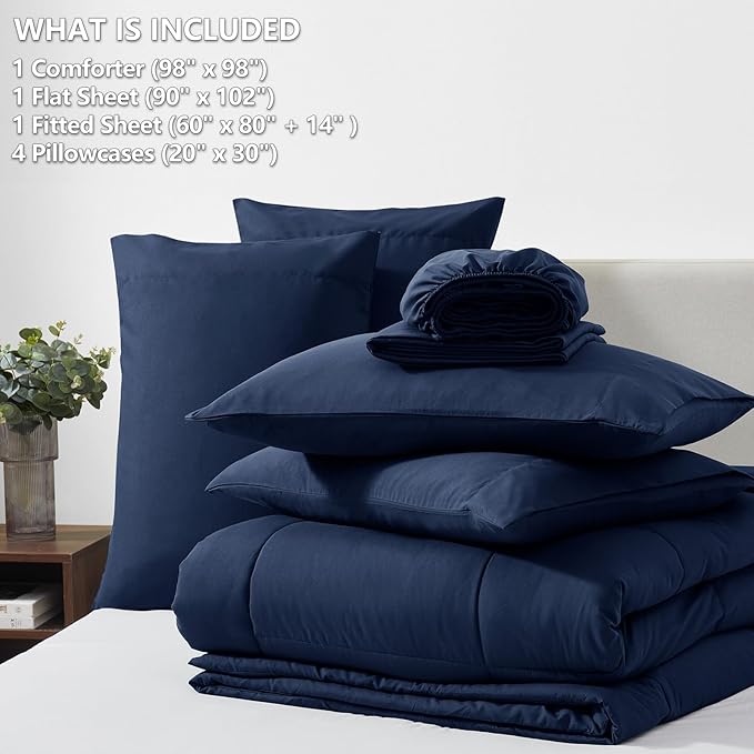 CozyLux Oversized Queen Comforter Sets Navy Blue, 7 Pieces Bed in a Bag, Ultra-Soft All Season Bedding Sets with Stitch Quilted Comforter, Flat Sheet, Fitted Sheet, Pillowcases, Navy Blue