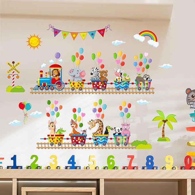 Jungle Animal Wall Stickers Forest Safari Wall Decals Kid Room Nursery Baby Bedroom Décor (Animal Train Balloon)