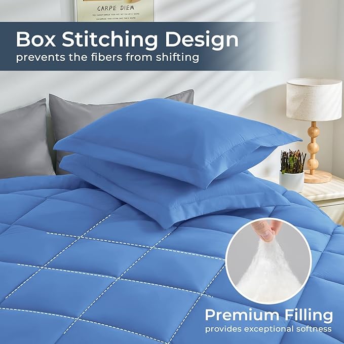 HEVUMYI Royal Blue & Light Grey Full Comforter Set - 7-Piece All Season Bed in a Bag Full, Ultra Soft Bedding Set with Comforter, Flat Sheet, Fitted Sheet, Pillowcases, Pillow Shams, Royal Blue