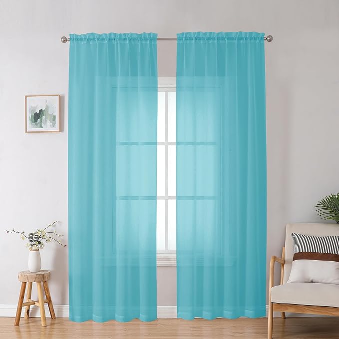 Aqua Sheer Curtains for Bedroom Living Room 90 Inches Long, Elegant Solid Light by OWENIE