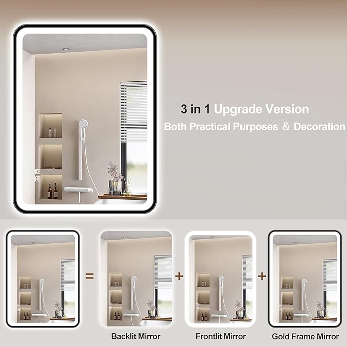 S'bagno 40X28 Black LED Mirror for Bathroom with Frontlit & Backlit, LED Bathroom Mirror with Metal Frame, Anti-Fog, Stepless Dimmable, 3 Colors Temperature LED Vanity Mirror(Horizontal/Vertical)