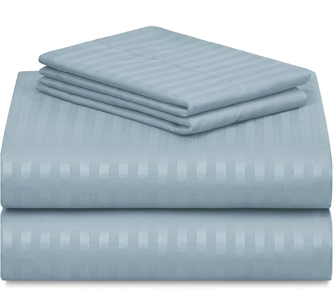 LuxClub 4 PC Full Size Sheet Set Bed Sheets, Breathable Luxury Deep Pockets Wrinkle Free Cooling Sheets Machine Washable Hotel Bedding (Full, Striped Light Blue)