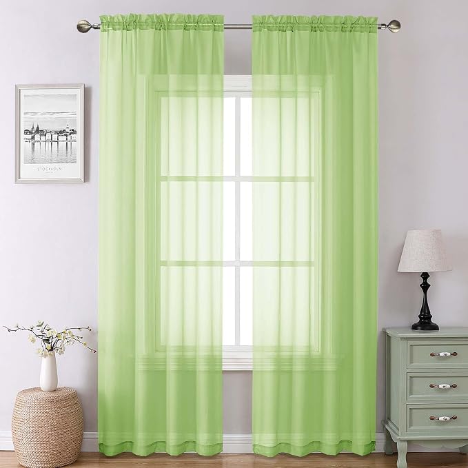 Lime Sheer Curtains for Living Room 90 Inches Long 2 Panels, Solid Color Voile by Lecloud
