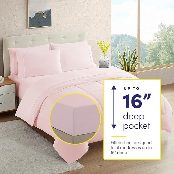 California King Comforter Set - Soft & Breathable 7-Piece Bedding Collection - 1 Comforter, 1 Fitted Sheet, 1 Flat, 4 Pillowcases - Deep Pocket - Premium Quality - Ideal for All Seasons, Pale Pink