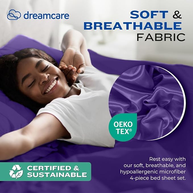 DREAMCARE Full Size – 4 pcs Cooling Sheets – up to 21” Deep Full Sheet Set – Hotel Luxury Sheets & Pillowcases – Superior Softness 100% Polyester with Side Pocket – Purple