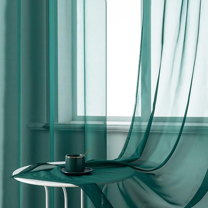 DUALIFE Hunter Green Sheer Curtains 63 Inch Length,Look Semi Sheer Curtain Drapes for Living Room Bedroom Loft Kitchen Bathroom Privacy Voile Window Treatment Panels,52 x 63 Inches,Set of 2